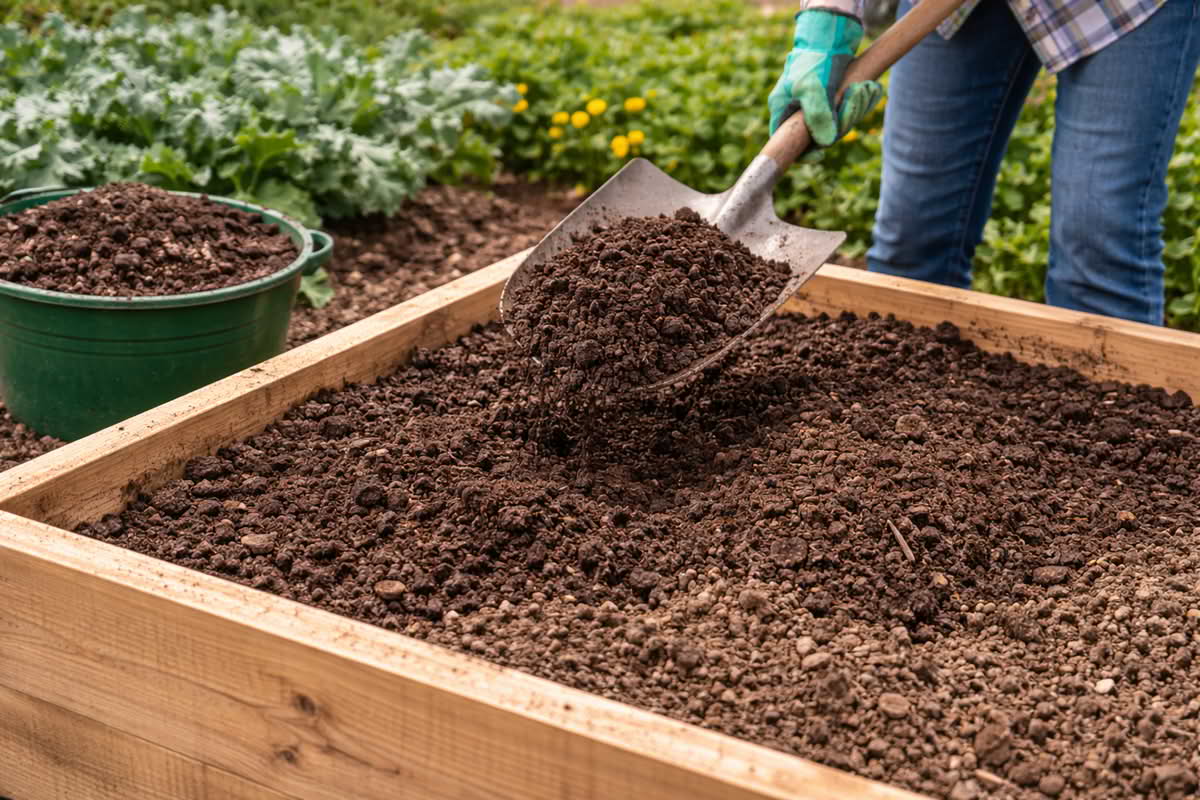 gardener spreading compost into a raised garden bed