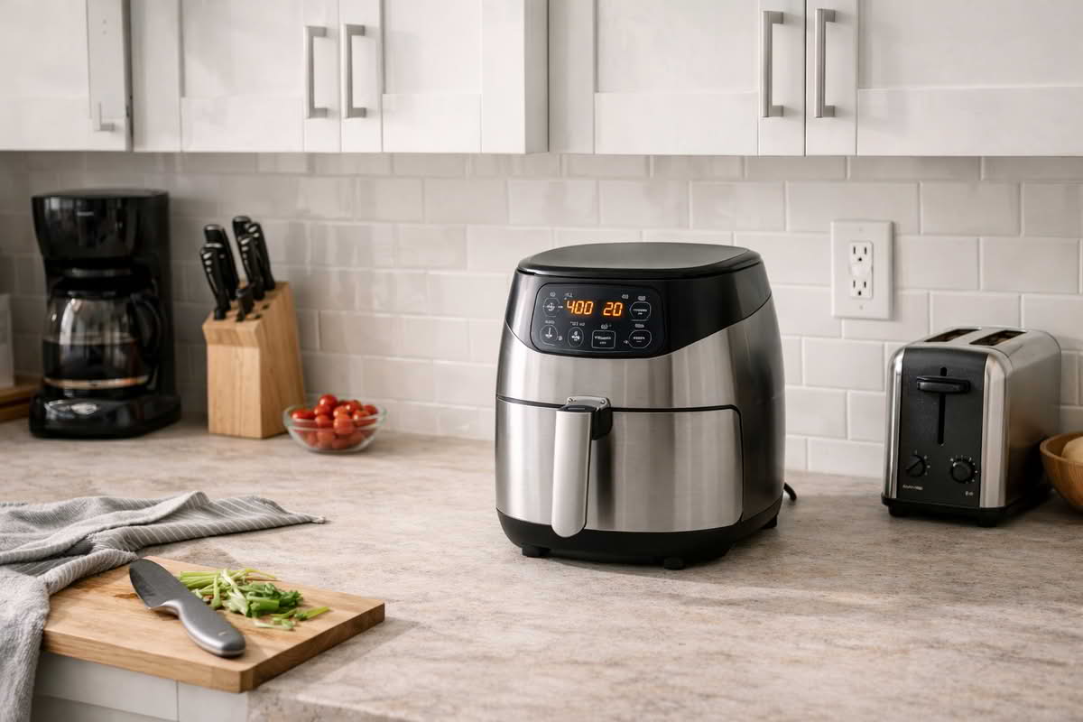An air fryer placed on a real kitchen counter with nearby small appliances and limited prep space, showing how countertop footprint affects everyday use