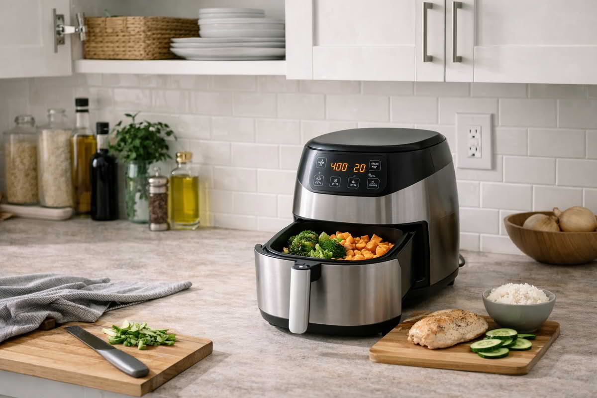 A realistic air fryer in a finished home kitchen being used for everyday countertop cooking, with simple foods like vegetables and a small protein portion prepared nearby