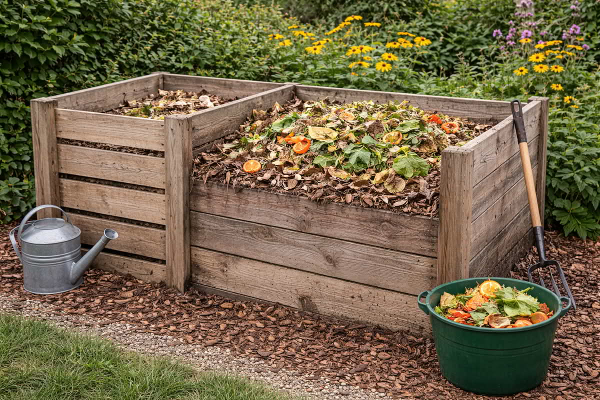 wooden backyard compost bin filled with leaves and garden waste