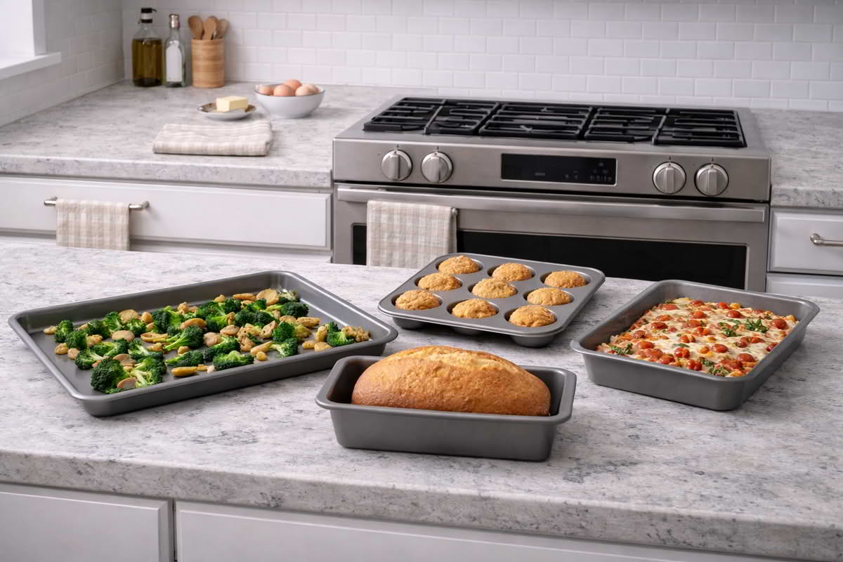 A realistic home kitchen scene showing a practical bakeware set with core pieces such as a sheet pan, muffin pan, loaf pan, and rectangular baking pan arranged for everyday oven use