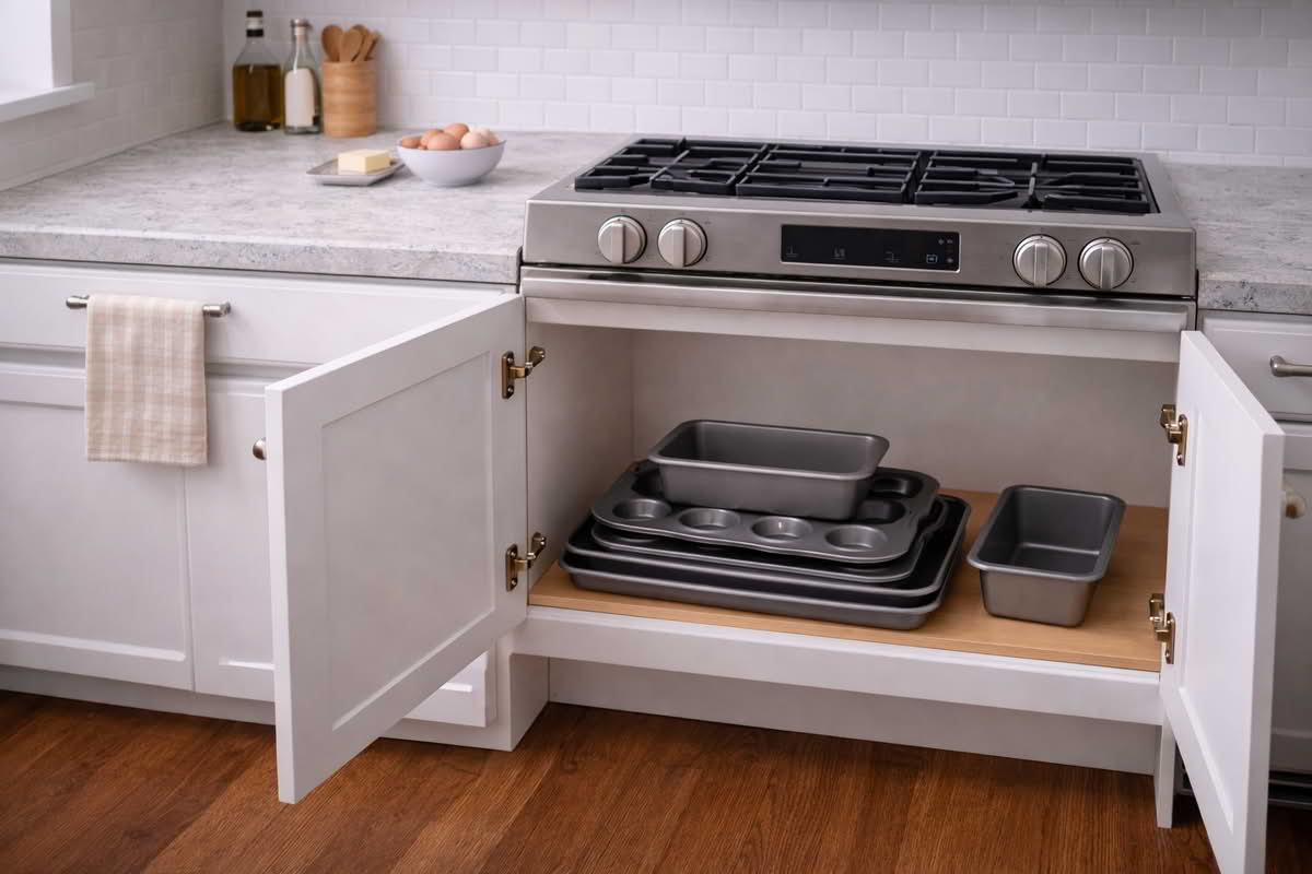 A realistic kitchen cabinet and counter scene showing bakeware pieces stacked neatly with practical spacing, illustrating how pan size and storage fit affect everyday ownership