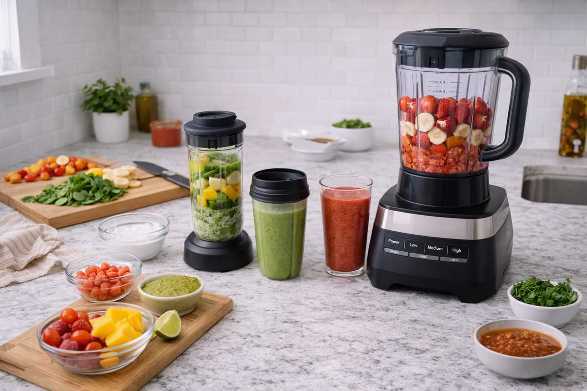 A realistic home kitchen scene showing a blender used for everyday tasks like smoothies and blended sauces, with ingredients prepared for both single-serve and larger-batch use