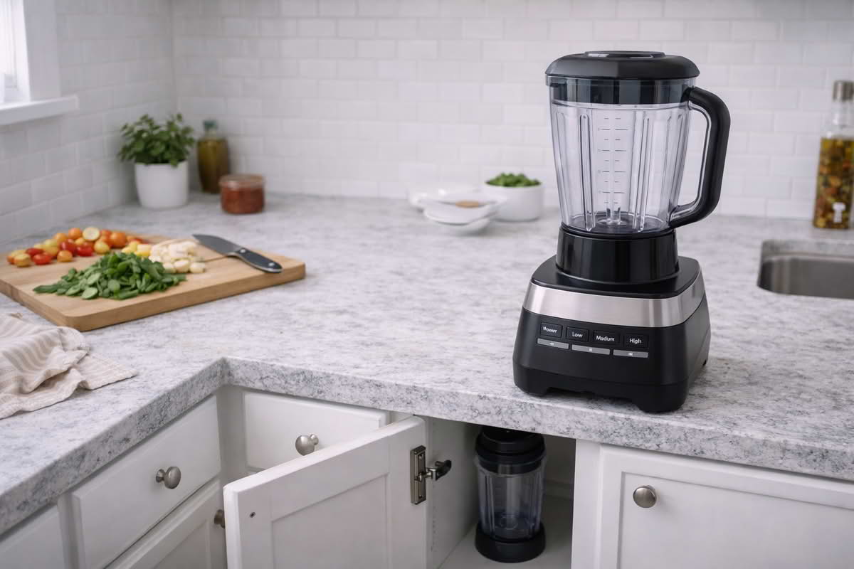 A realistic kitchen counter and cabinet scene showing a blender stored accessibly near a prep area with its jar and lid easy to reach, illustrating practical everyday storage and cleanup