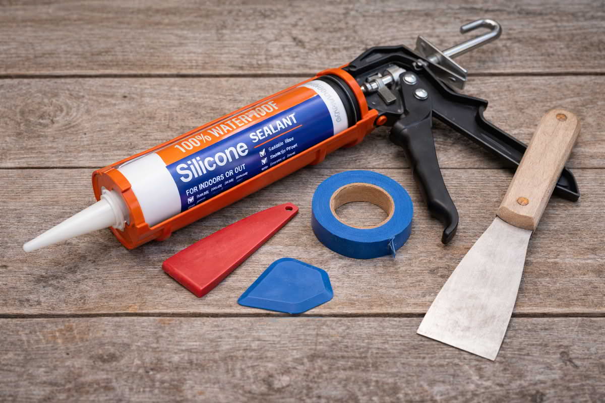 Caulk gun loaded with a sealant cartridge beside finishing tools for trim and weatherproofing work