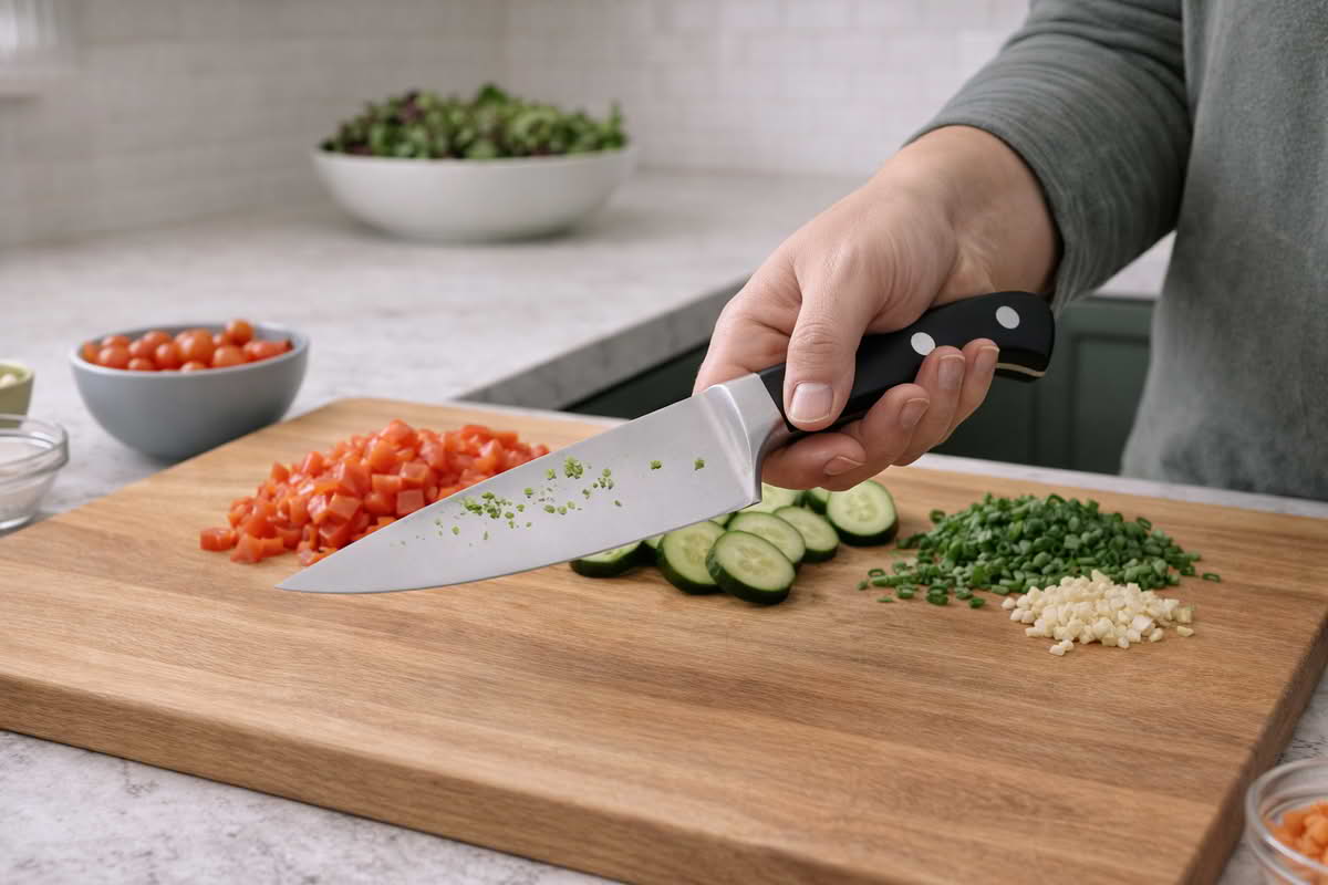 A realistic close-up of a home cook holding a chef knife with a secure grip over a cutting board, emphasizing balance, handle comfort, and controlled cutting posture