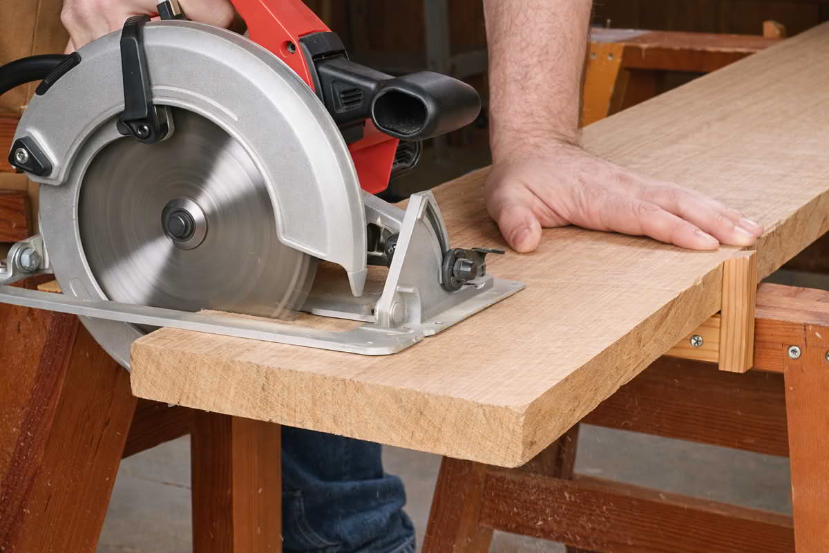 A circular saw cutting a sheet of plywood supported on sawhorses during a home workshop project