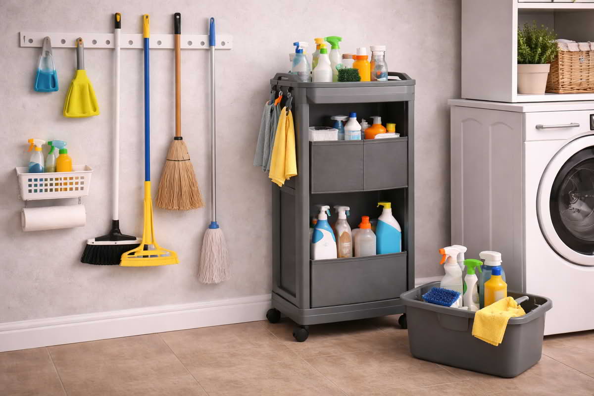 Cleaning tool storage showing a wall-mounted holder, utility organizer, and portable cleaning caddy in a laundry space