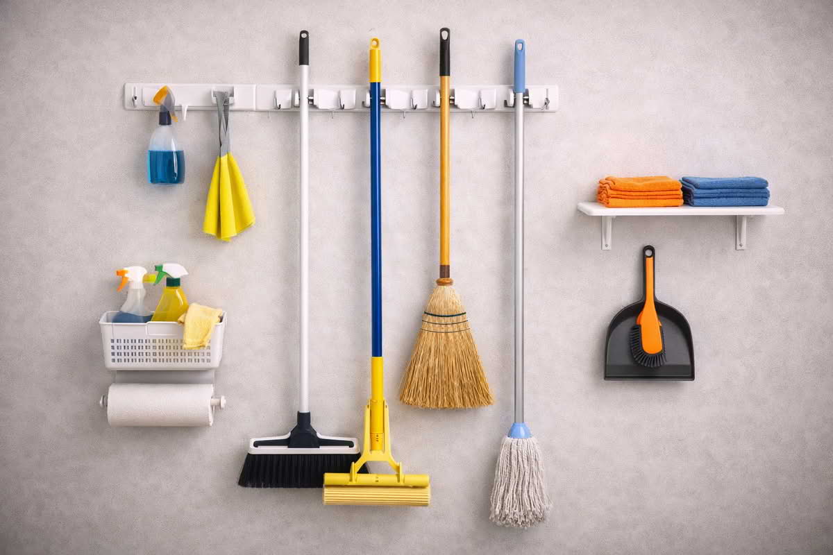 Cleaning tools arranged on a wall-mounted storage system with space for brooms, mops, and utility supplies