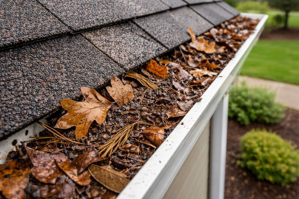 Roof gutter filled with leaves and debris blocking water flow