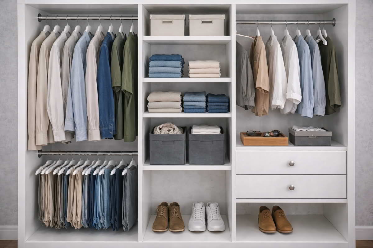 Closet organizer combining double hanging rods, shelf sections, and accessory storage in a bedroom closet