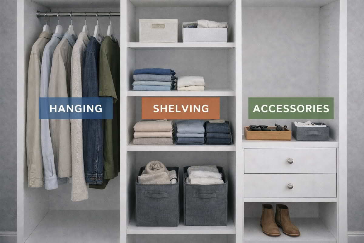 Closet organizer layout divided into hanging, shelving, and accessory zones for everyday clothing storage