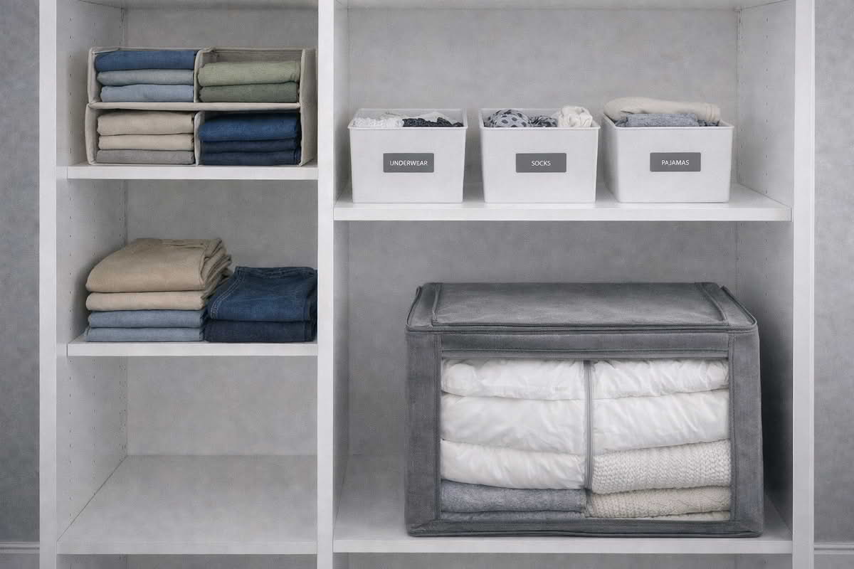 Clothes storage using folded shelf organizers, labeled bins, and contained seasonal garment storage