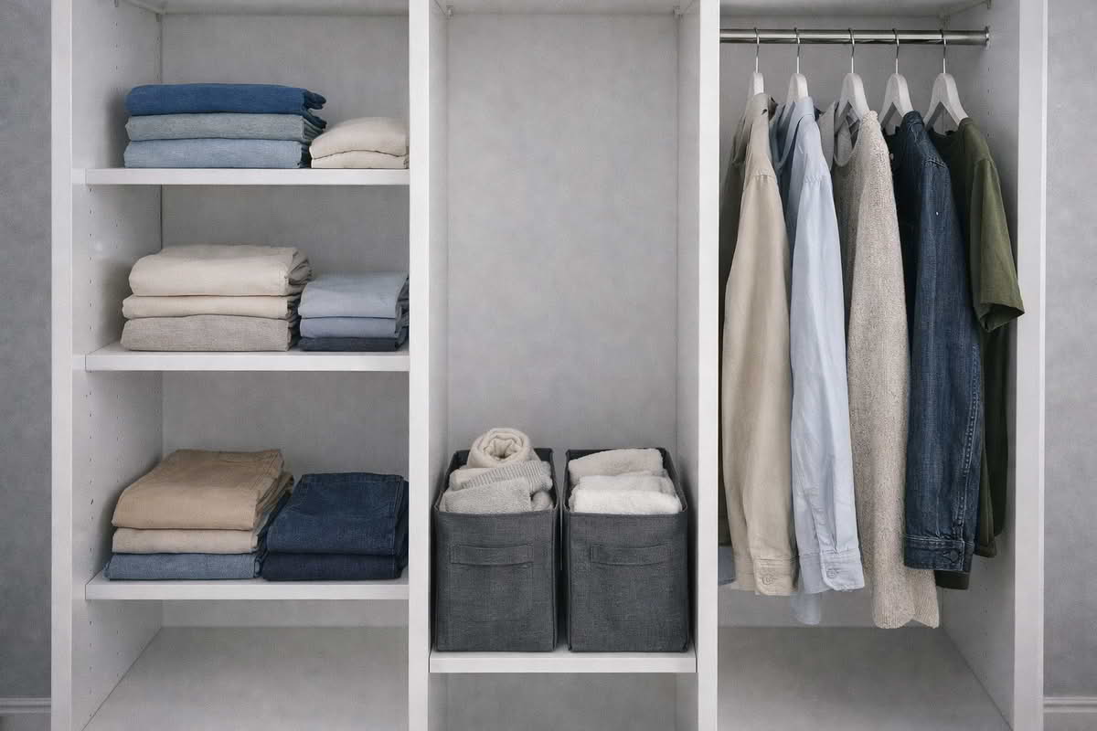 Clothes storage organized by category with folded clothing, bins, and hanging garments in separate zones