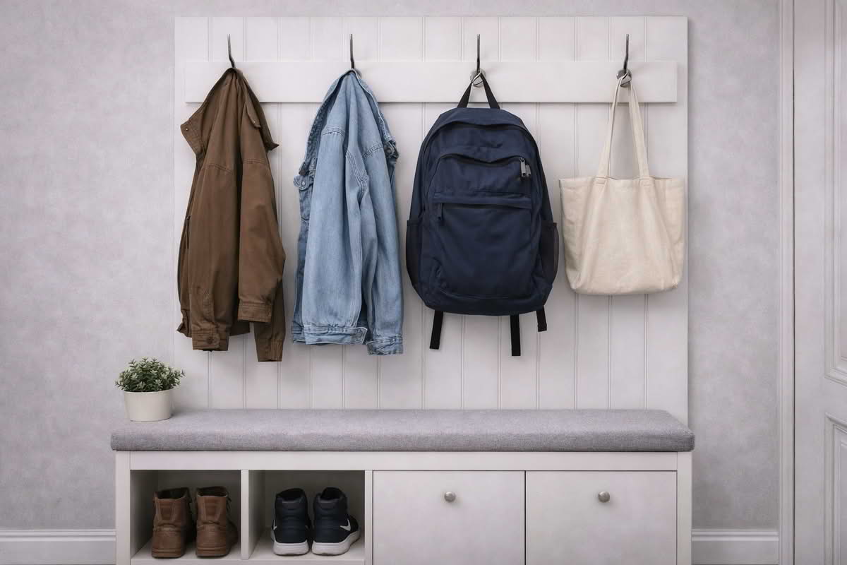 Entryway coat and bag storage arranged on hooks with enough spacing for daily household use