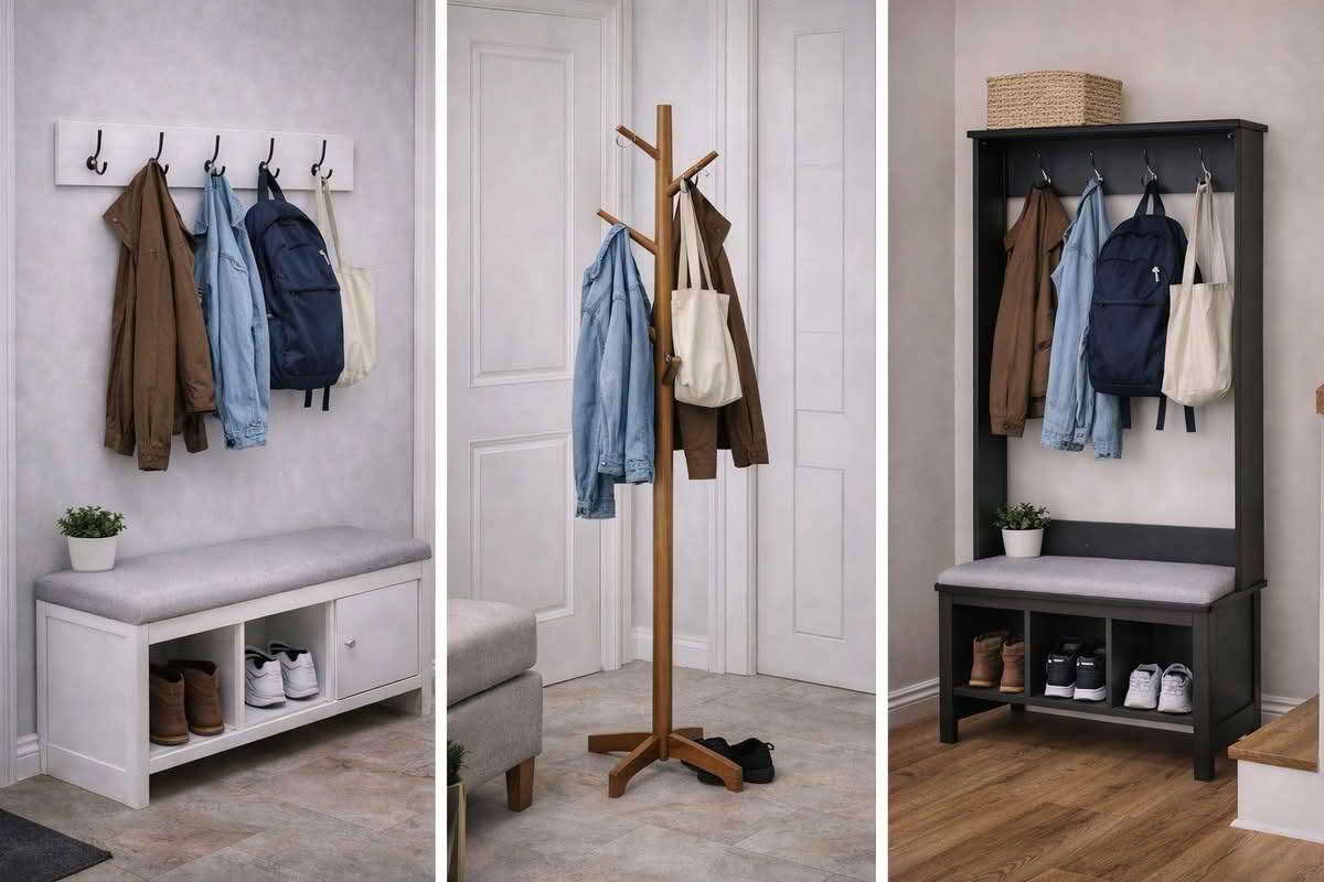 Entry storage using wall hooks, a freestanding coat rack, and a hall tree in different home layouts