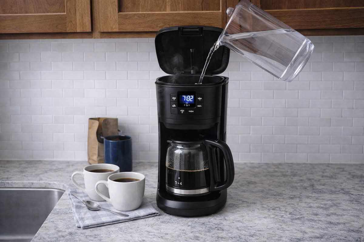 A realistic kitchen counter scene showing a coffee maker positioned comfortably under cabinets with easy access to the water reservoir, carafe, and nearby mugs