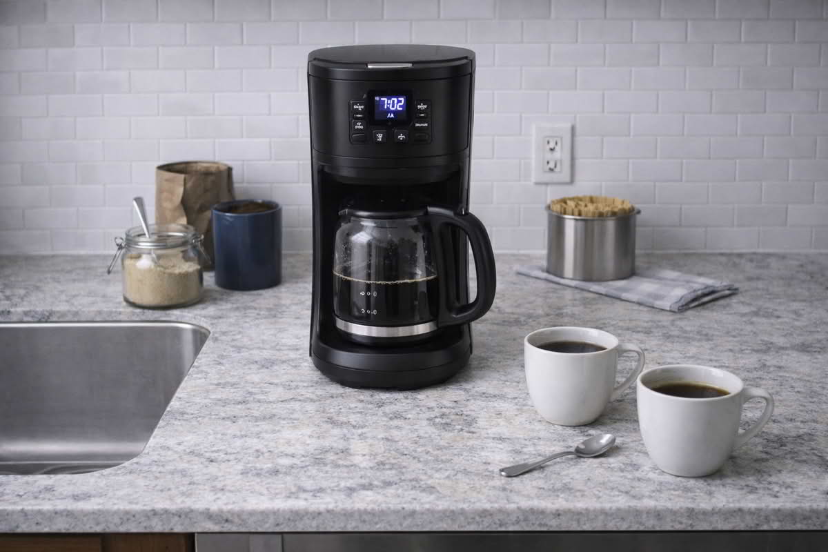 A realistic home kitchen scene showing a coffee maker set up for an everyday morning routine with mugs, coffee supplies, and a practical brewing area on the counter