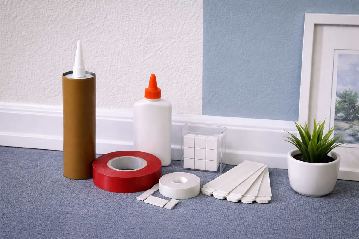 Construction adhesive, mounting tape, and wall-safe hanging products arranged beside trim, painted wall surfaces, and decor items