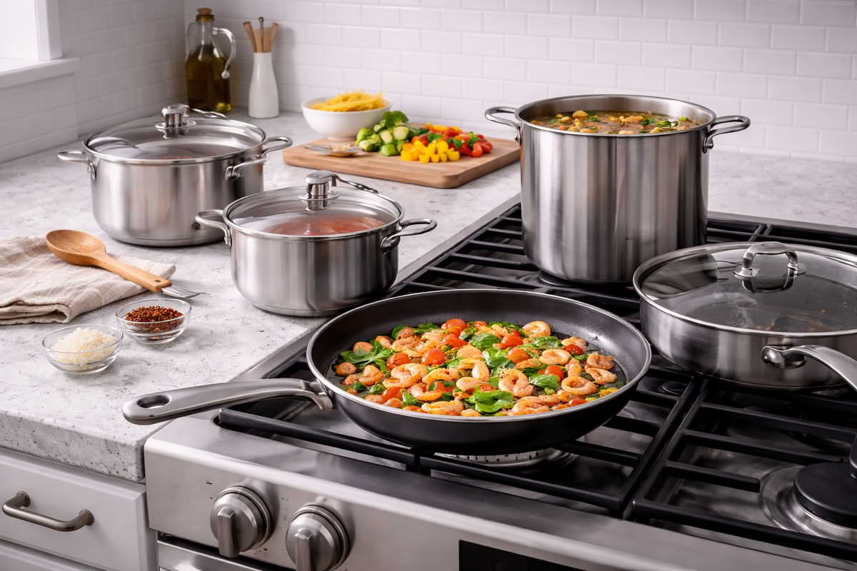 A realistic cookware set arranged in a home kitchen with core everyday pieces such as a skillet, saucepan, stock pot, and covered pan positioned for normal daily cooking tasks
