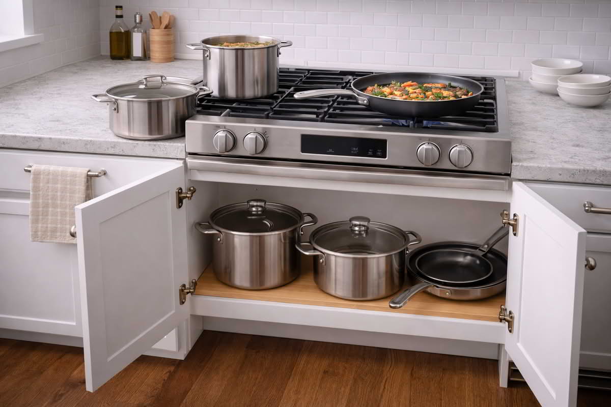 A realistic kitchen scene showing a cookware set stored neatly in cabinets and on the stovetop, illustrating how pan size, lids, and kitchen fit affect everyday use