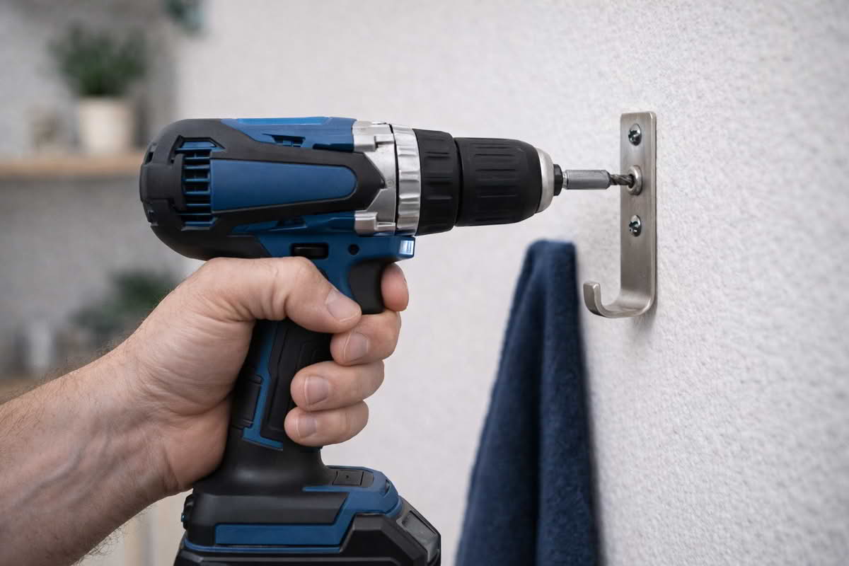 A compact cordless drill with a driver bit being used to install household hardware on a wall bracket