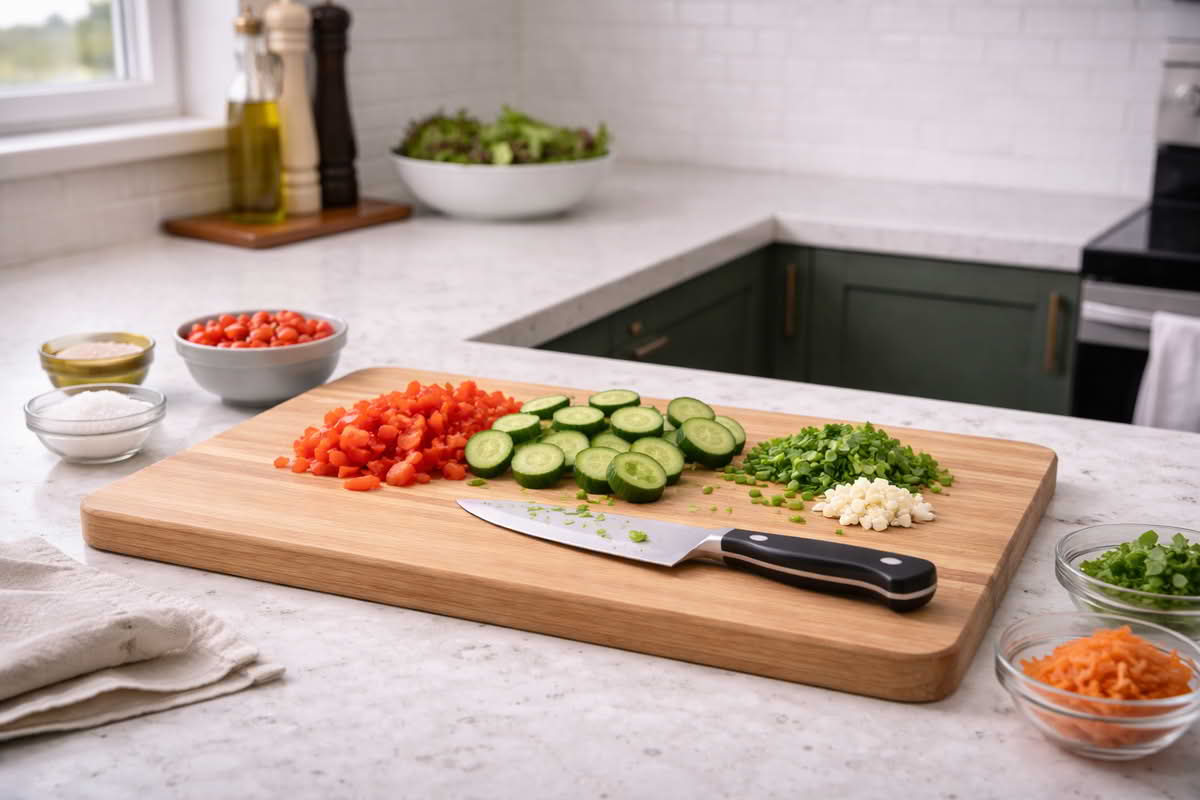 A realistic cutting board in a home kitchen being used for everyday meal prep with chopped vegetables, herbs, and a chef's knife on a stable work surface
