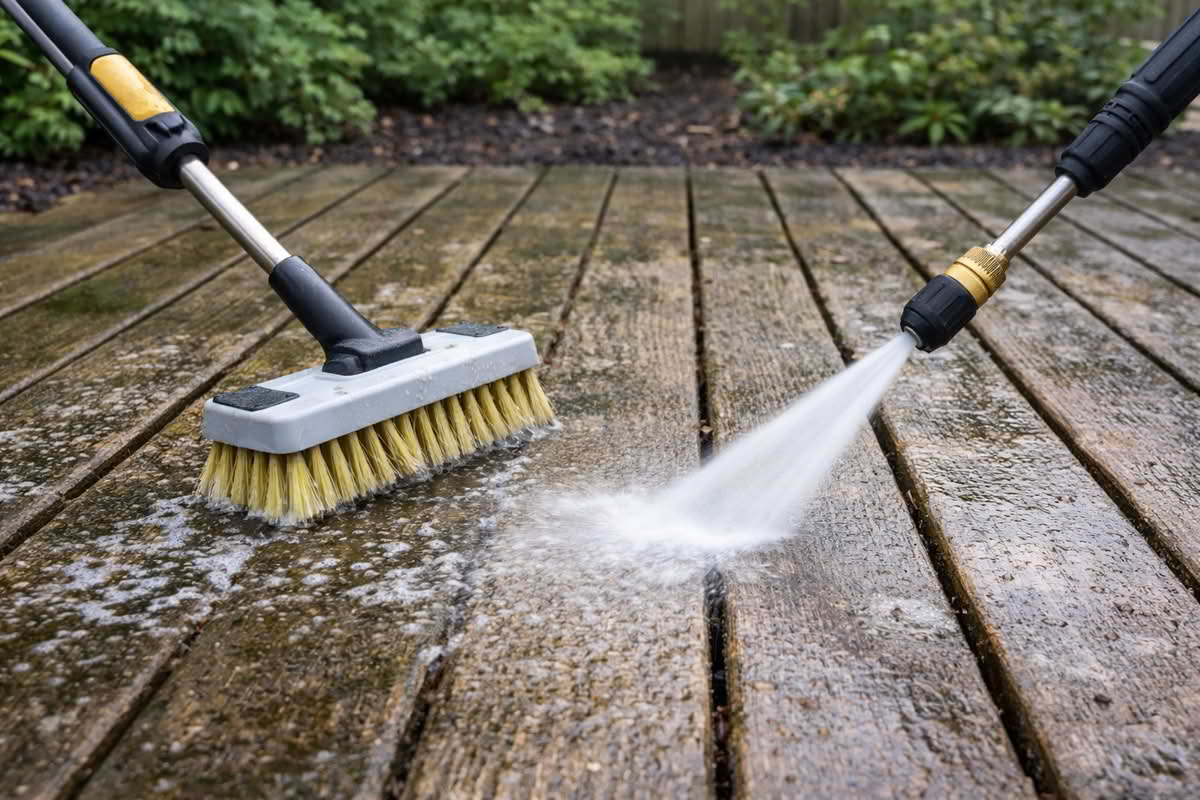 Deck cleaning brush and pressure washer used together on outdoor decking