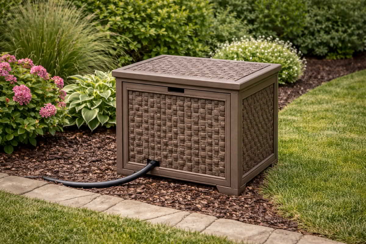 decorative garden hose storage box beside garden bed
