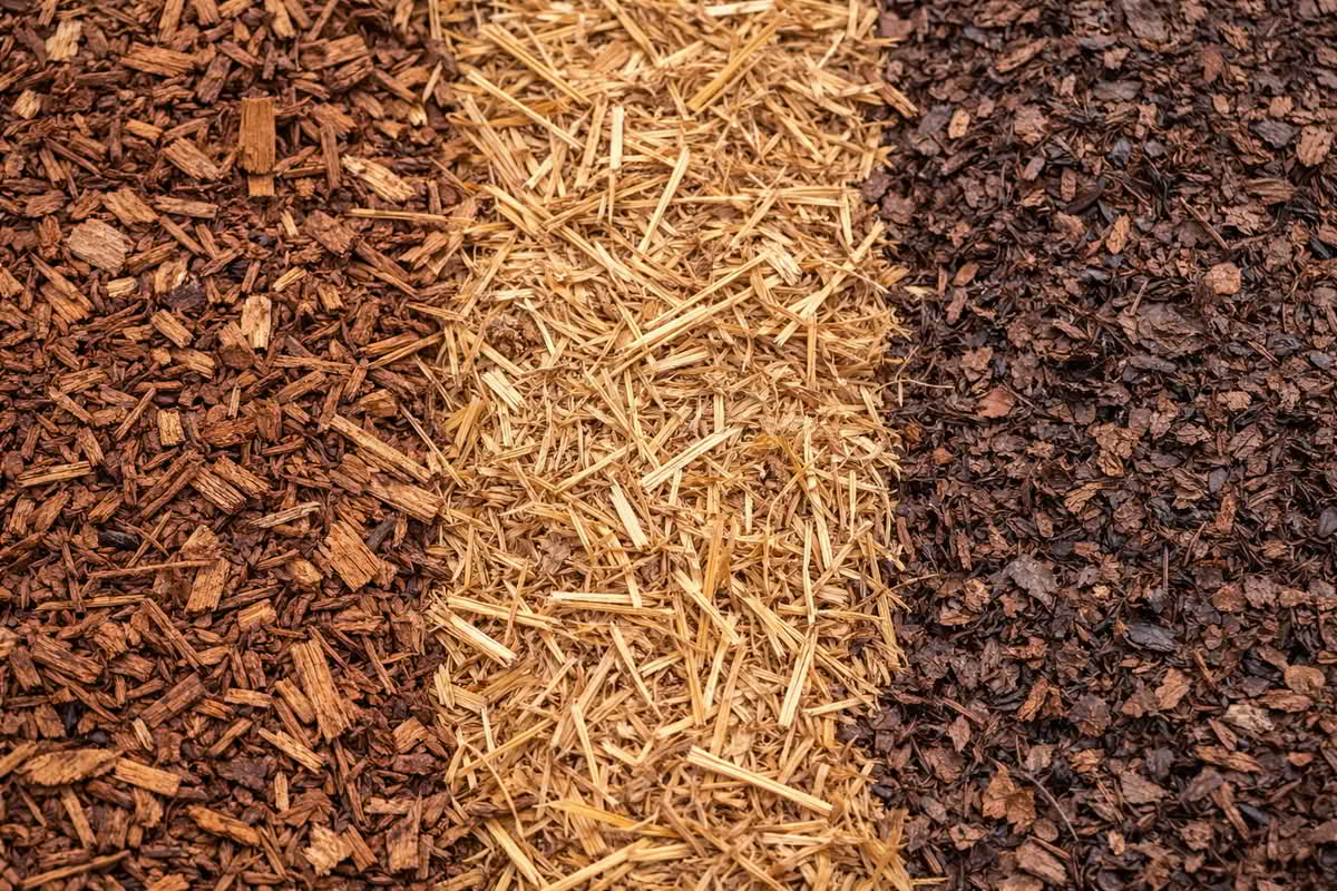 examples of wood chips straw and shredded leaf mulch materials