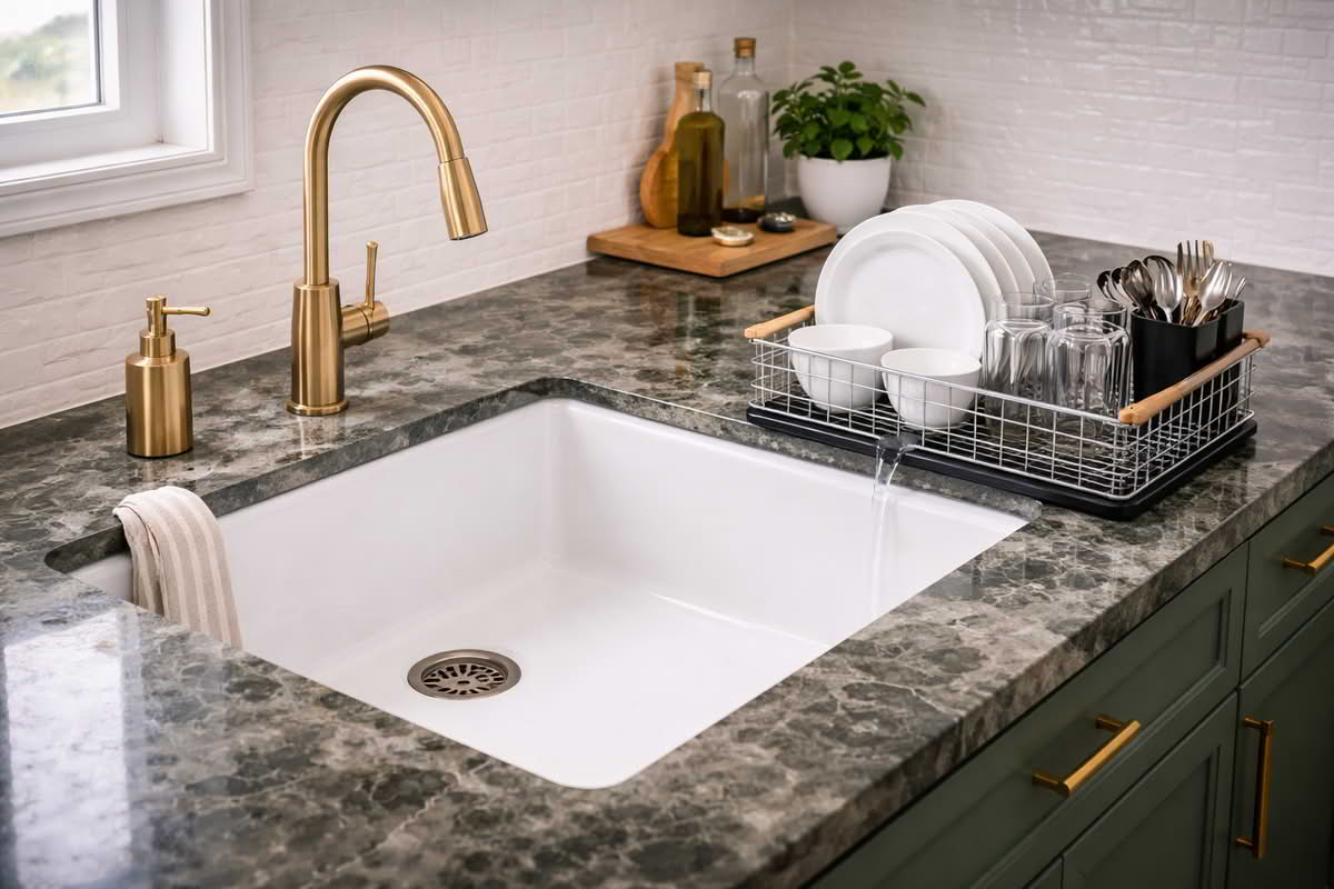 A realistic dish rack beside a kitchen sink with a draining tray angled properly toward the sink, showing controlled water flow and an uncluttered wet-work area