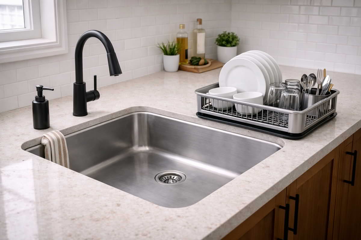 A realistic home kitchen sink area with a practical dish rack holding everyday hand-washed items like plates, bowls, glasses, and a pan beside the sink