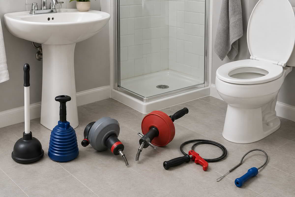 Drain clearing tools arranged near a bathroom sink, shower drain, and toilet