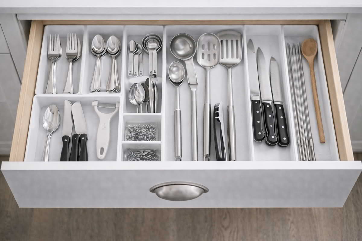 Drawer organizer compartments separating utensils, small tools, and household accessories by size