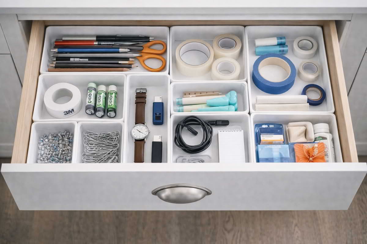 Drawer organizer layout fitted closely inside a drawer with separated compartments for household items