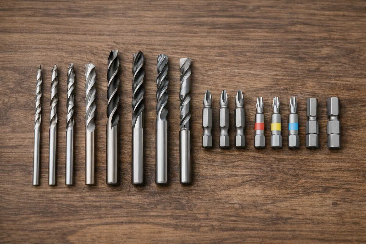 A selection of labeled drill bits and driver bits arranged by type, including wood, metal, masonry, Phillips, Torx, and hex styles