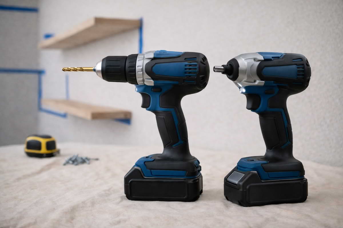 A cordless drill and impact driver placed side by side with matching batteries during a home shelving installation project