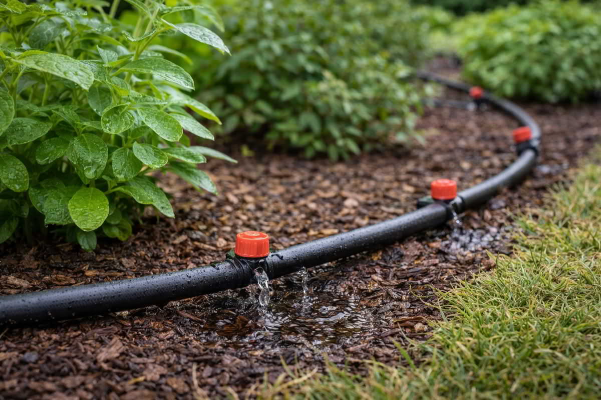 drip irrigation tubing with emitters watering garden plants