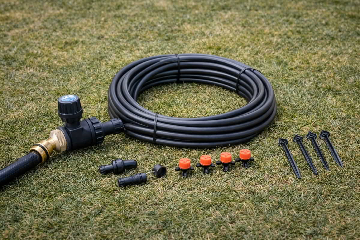 drip irrigation system components including tubing emitters and pressure regulator