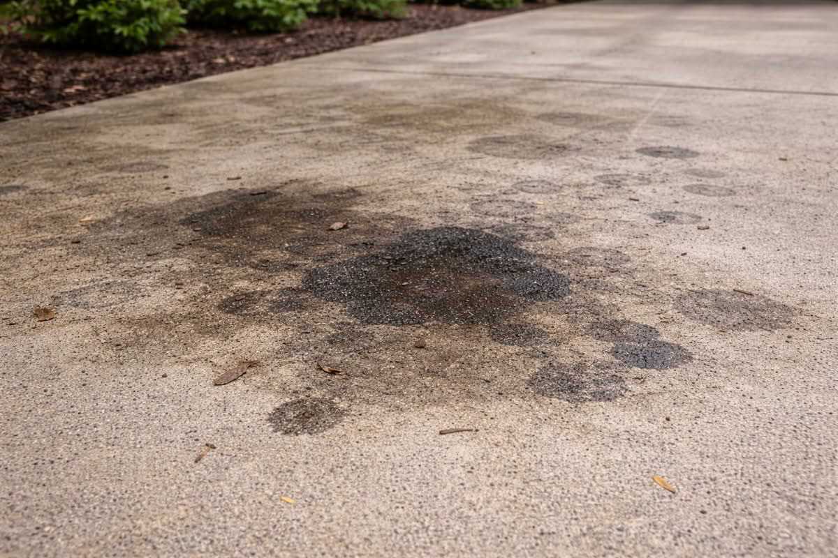 Concrete driveway with oil stains and dirt buildup
