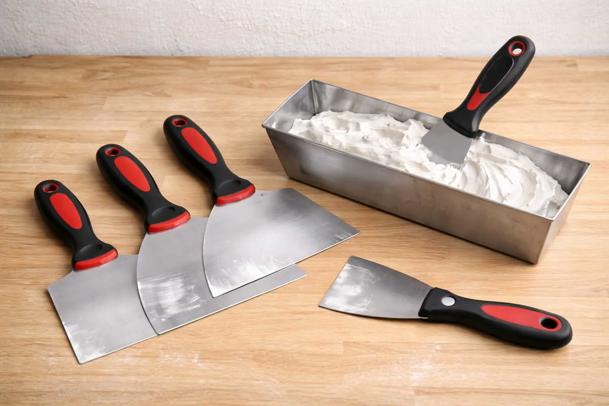 Drywall knives of different sizes beside a mud pan with compound ready for patching and finishing work