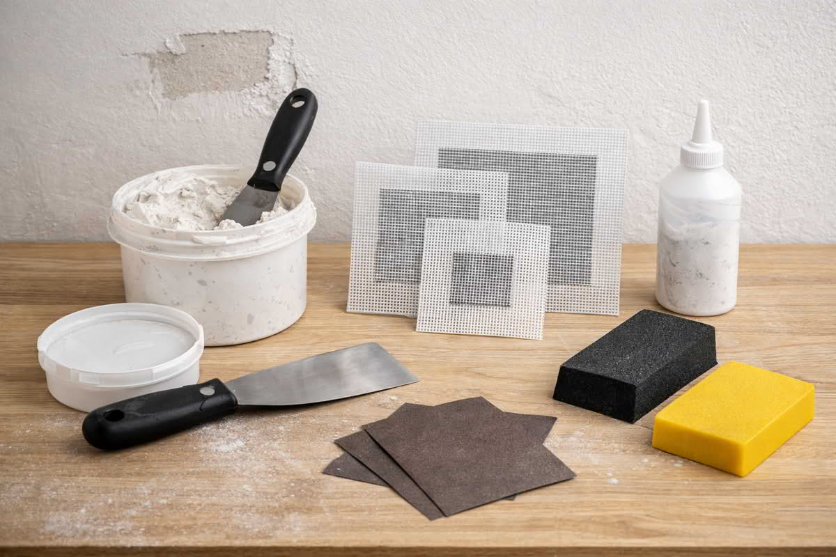 Drywall repair materials including mesh patches, compound, sanding tools, and a putty knife laid out for wall repair
