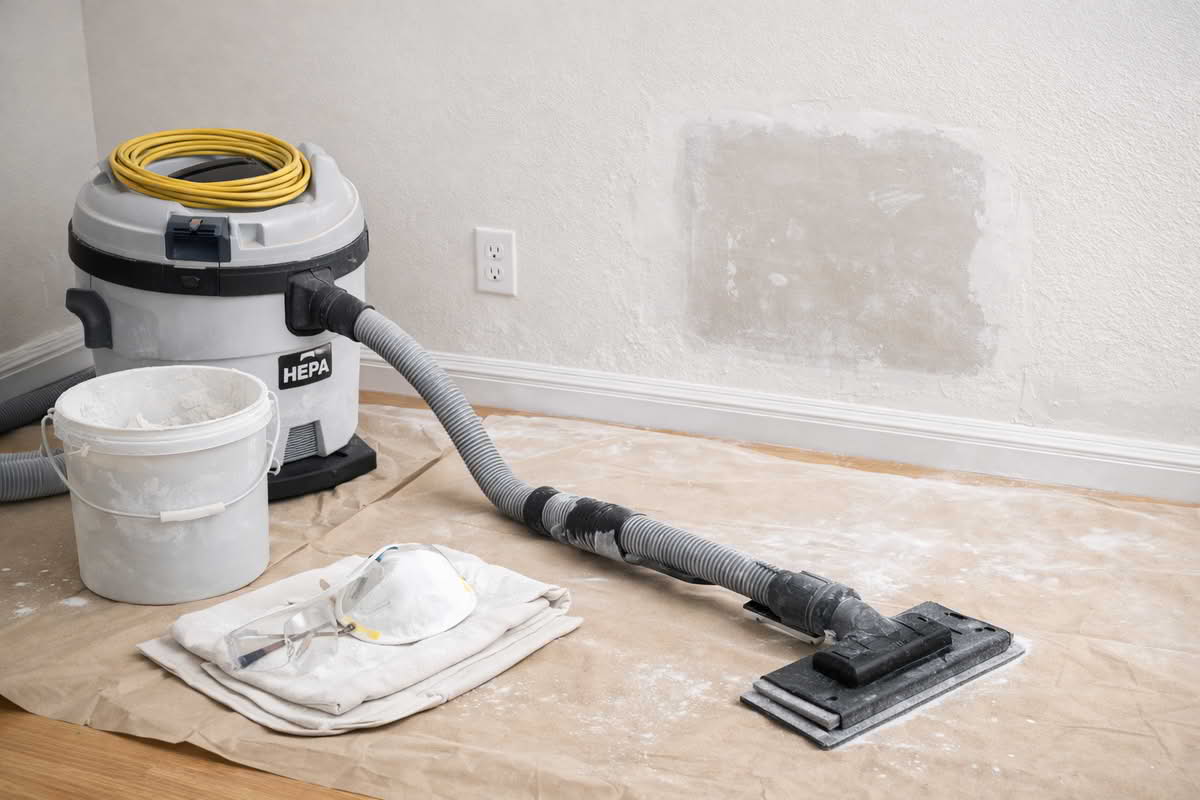 Drywall sanding setup with sanding tool, repair area, and dust-control equipment prepared for wall finishing