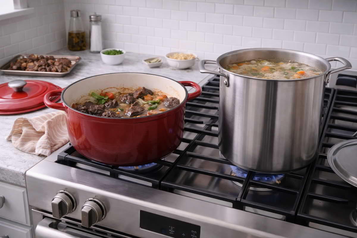 A realistic home kitchen scene showing a Dutch oven and a stock pot used for different cooking roles, with one suited to braising and the other to larger-volume boiling and soup cooking