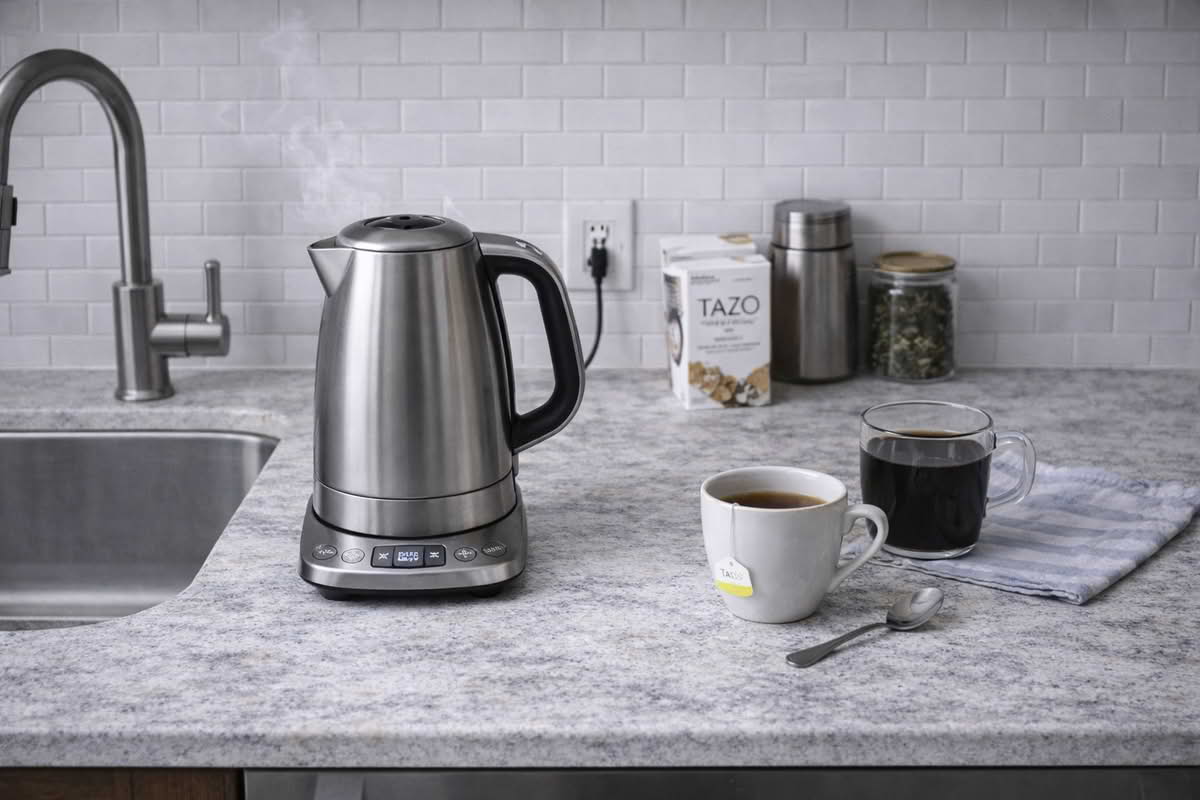 A realistic kitchen counter scene showing an electric kettle positioned comfortably near the sink and beverage area, illustrating practical countertop fit and everyday handling