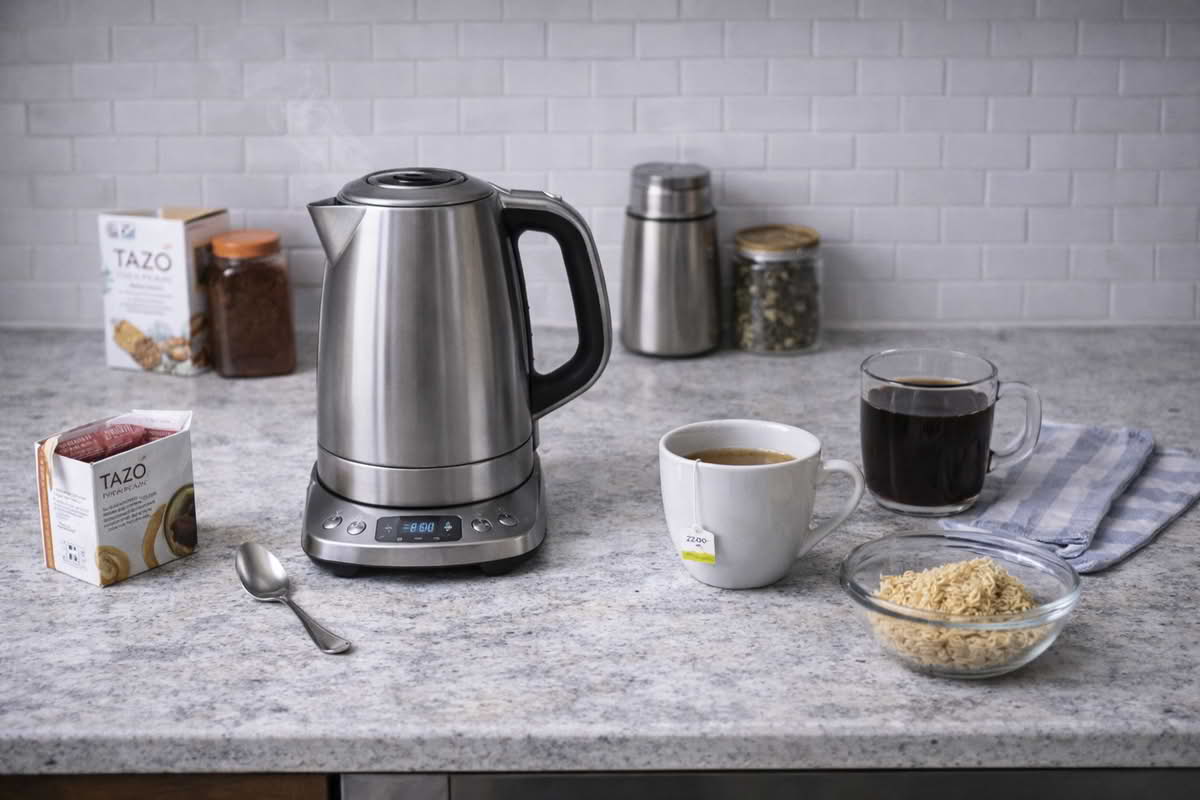 A realistic home kitchen scene showing an electric kettle used for everyday hot-water tasks such as tea, coffee, and quick meal prep on a finished kitchen counter