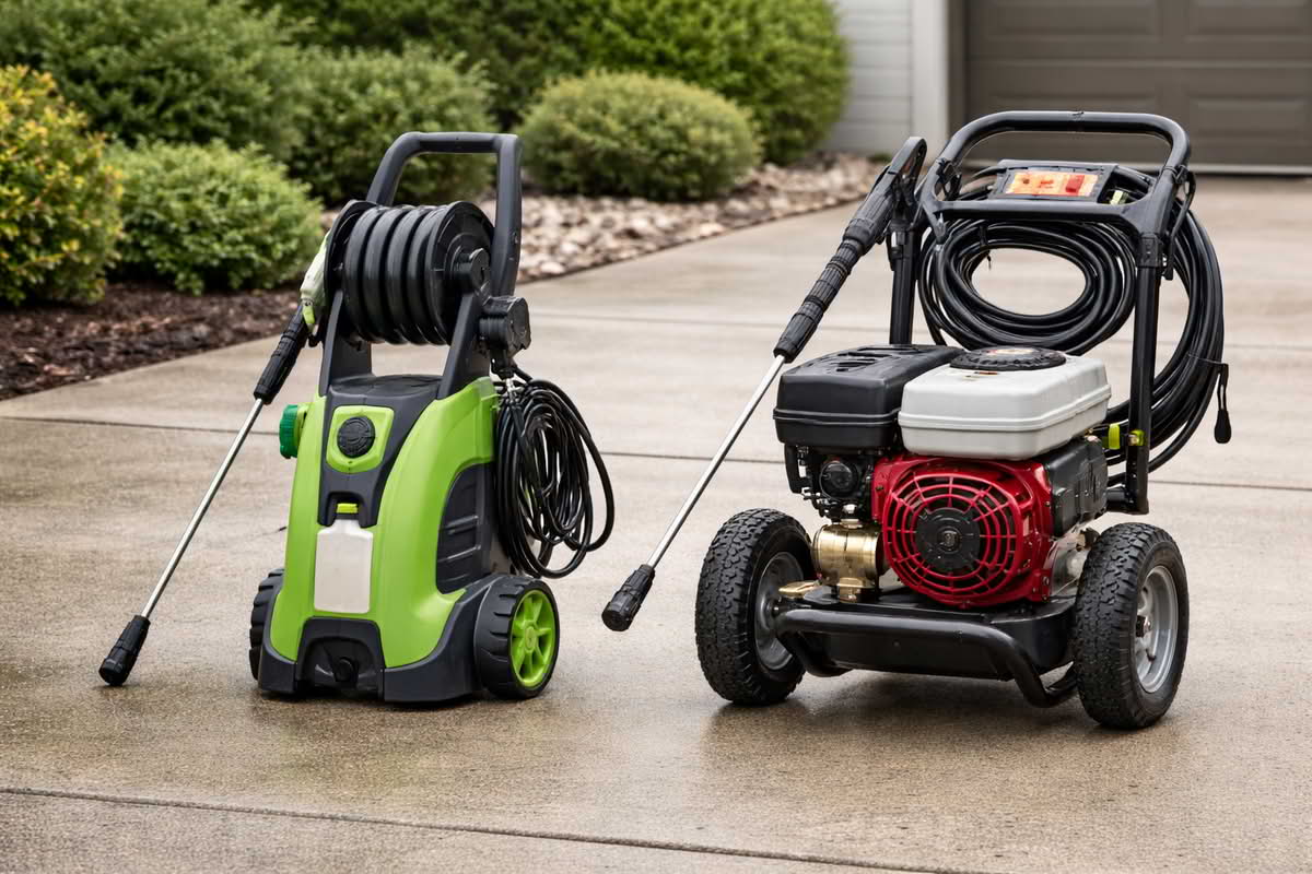 Electric and gas pressure washers placed side by side showing size and design differences