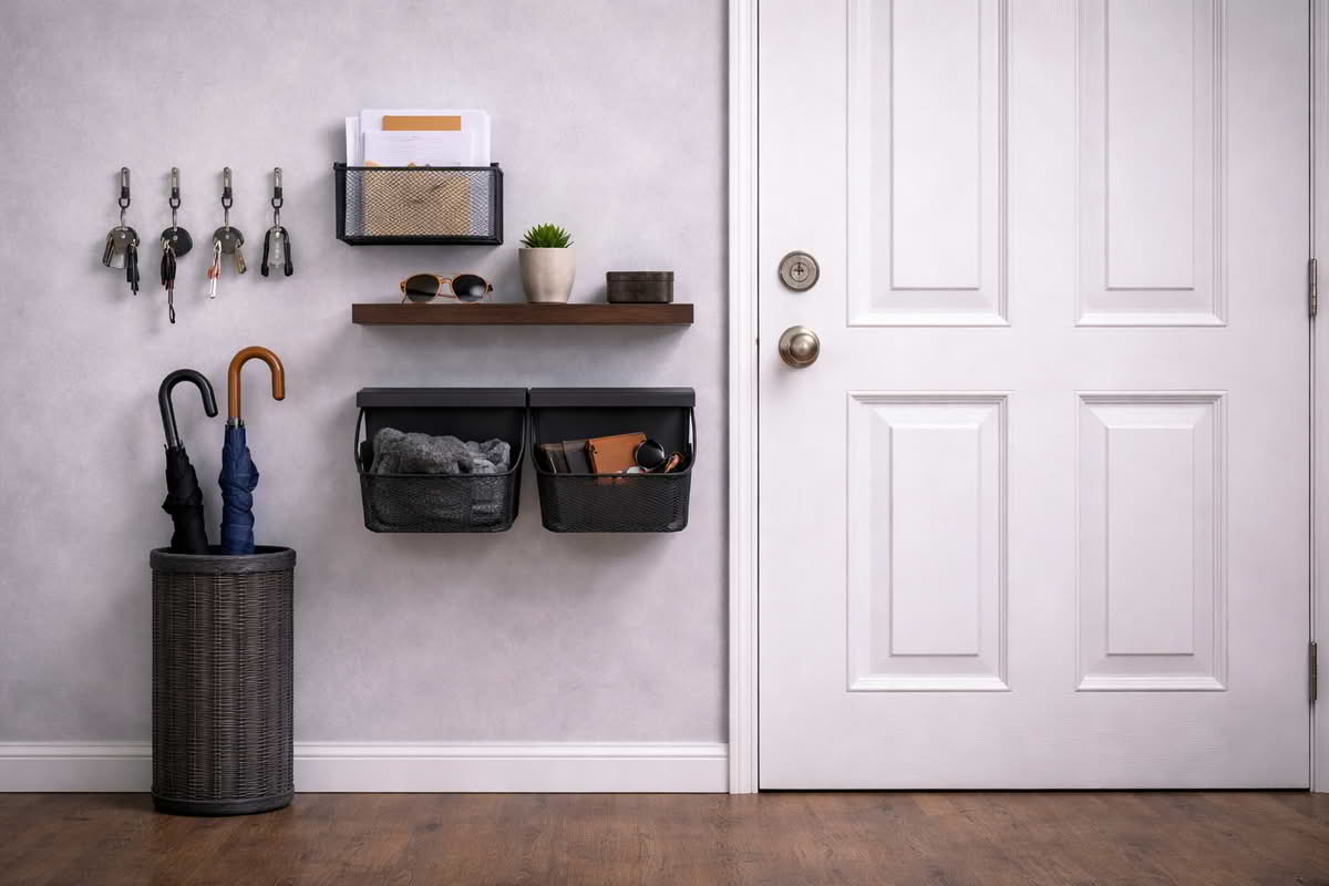 Entryway storage zones for keys, mail, umbrellas, and daily accessories arranged near the door