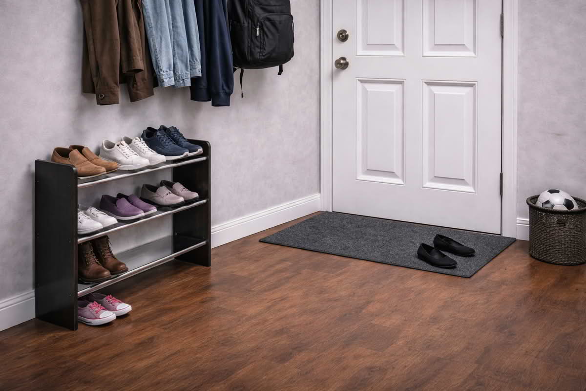 Entryway shoe storage with a compact rack and enough open floor space for everyday movement