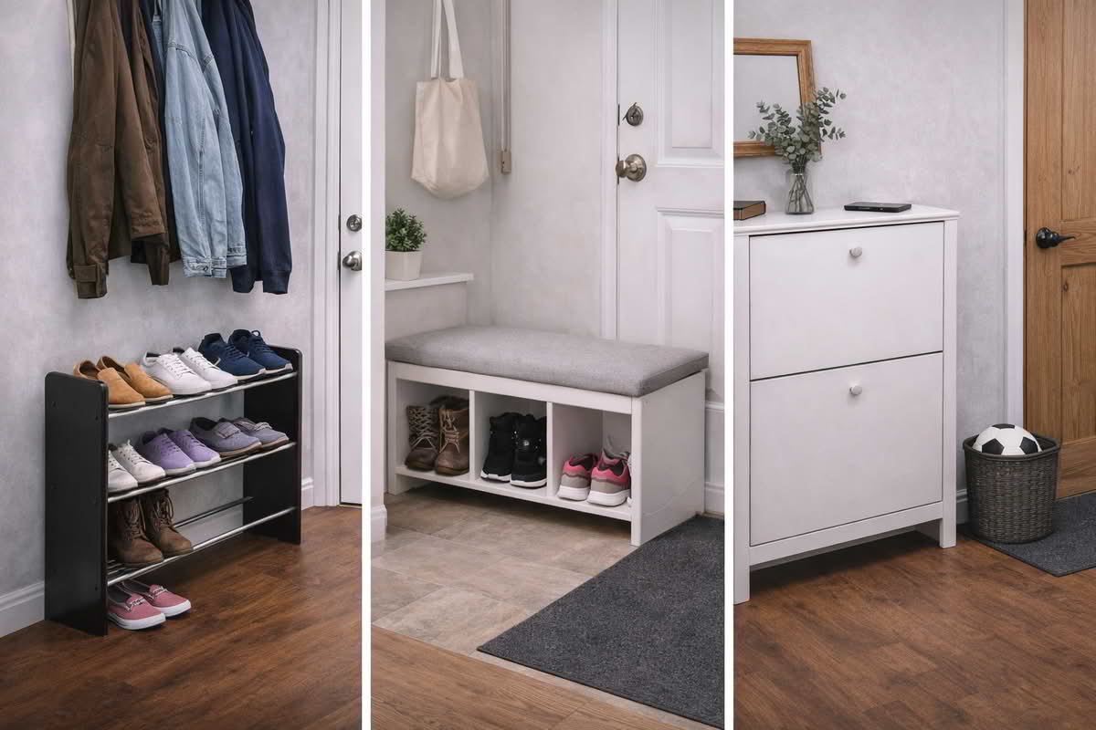Entry shoe storage using an open rack, bench seating, and closed cabinet formats in different home layouts